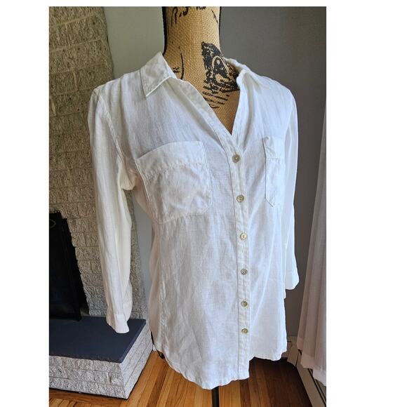 Eileen Fisher Linen Cotton 2 Panel White Button Up Blouse Top, 3/4 Sleeve - Picture 4 of 12
